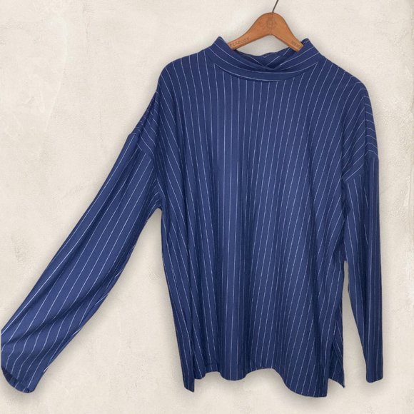 New Chico's 2 Navy Blue Stripe‎ Mock Neck Stretch Knit Tunic Top Large L 12 14 - Picture 2 of 6